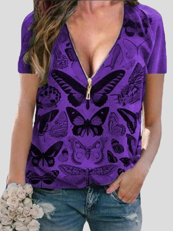Butterfly Print Zipper V-neck Pullover Top - LuckyFash™