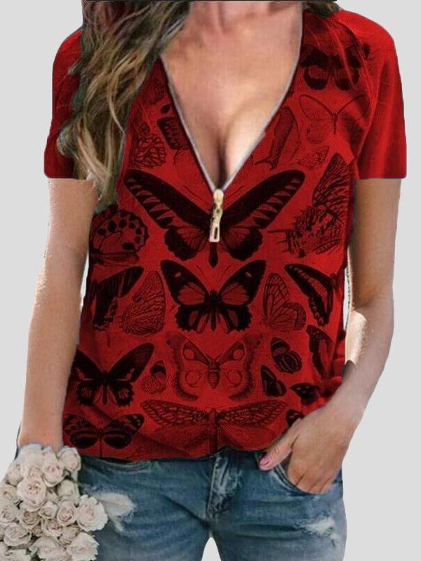 Butterfly Print Zipper V-neck Pullover Top - LuckyFash™