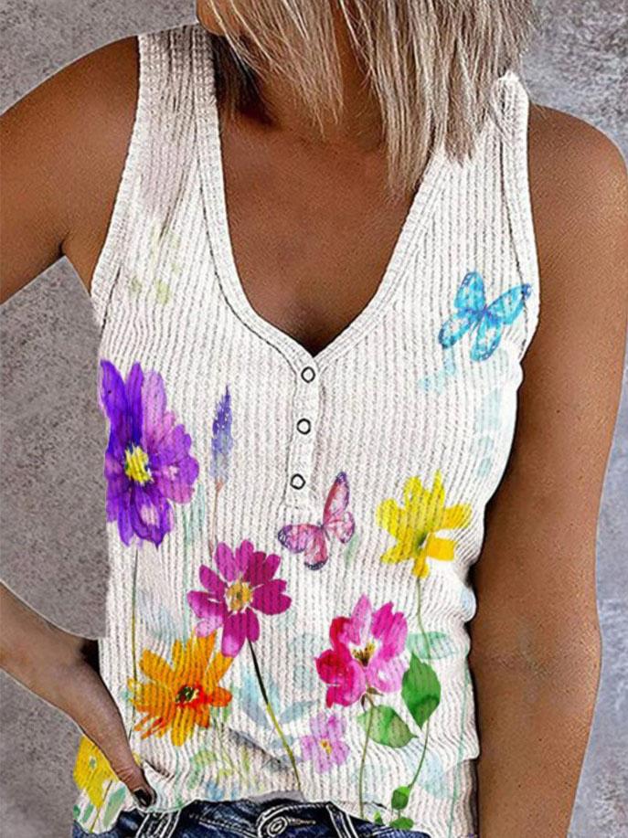 Button Print V-neck Sleeveless Tank Top - LuckyFash™