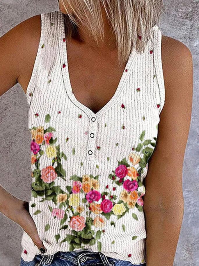 Button Print V-neck Sleeveless Tank Top - LuckyFash™