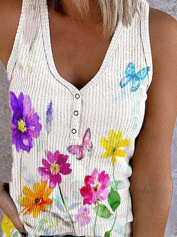 Button Print V-neck Sleeveless Tank Top - LuckyFash™