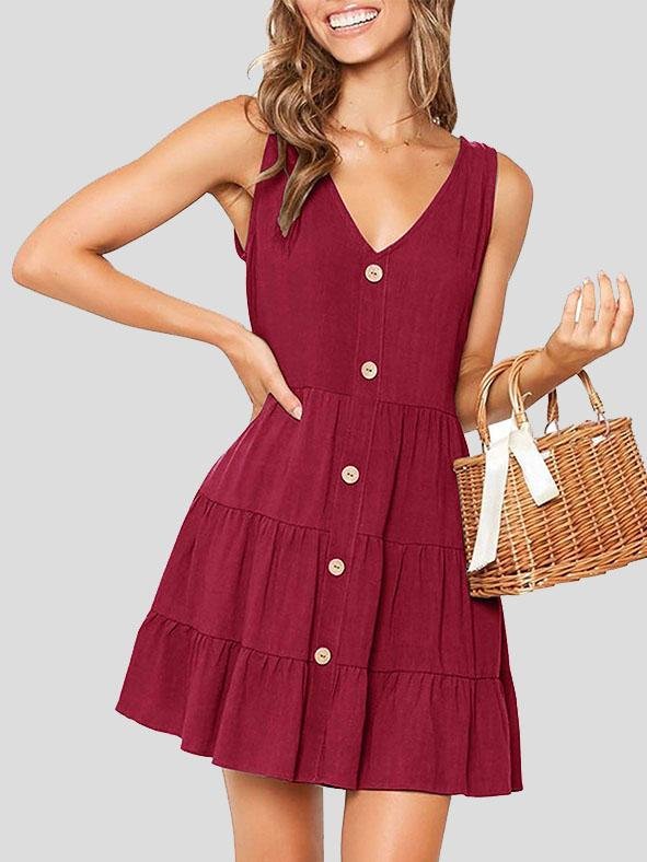 Button Sleeveless V-neck A-line Dress - LuckyFash™