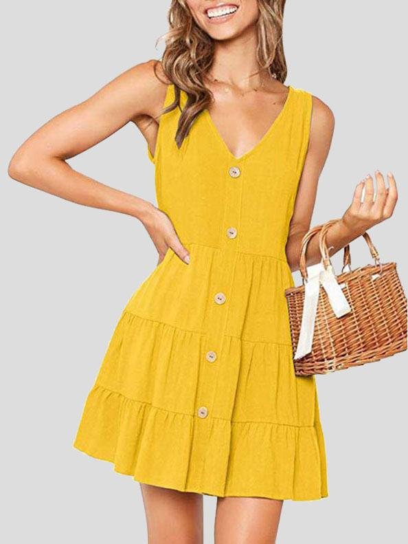 Button Sleeveless V-neck A-line Dress - LuckyFash™