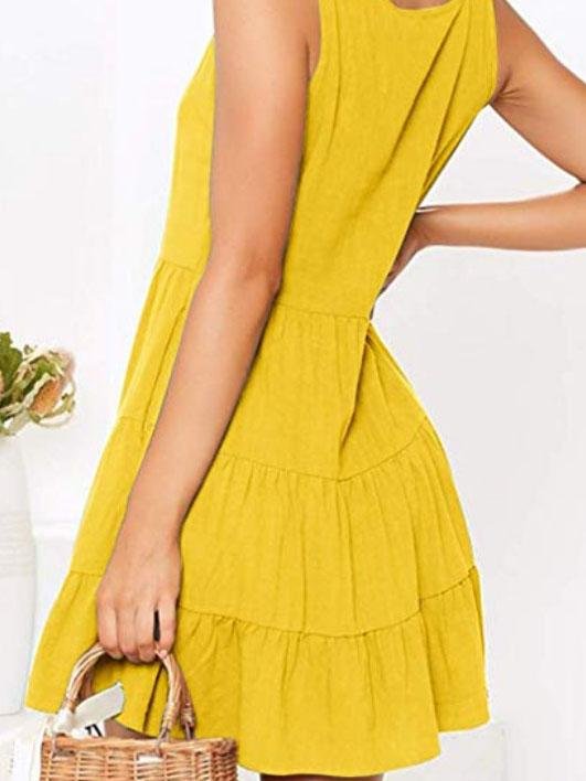 Button Sleeveless V-neck A-line Dress - LuckyFash™