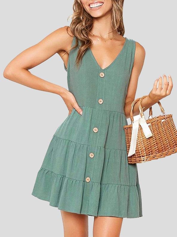 Button Sleeveless V-neck A-line Dress - LuckyFash™