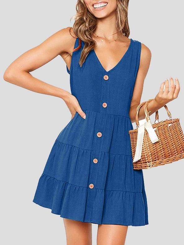 Button Sleeveless V-neck A-line Dress - LuckyFash™