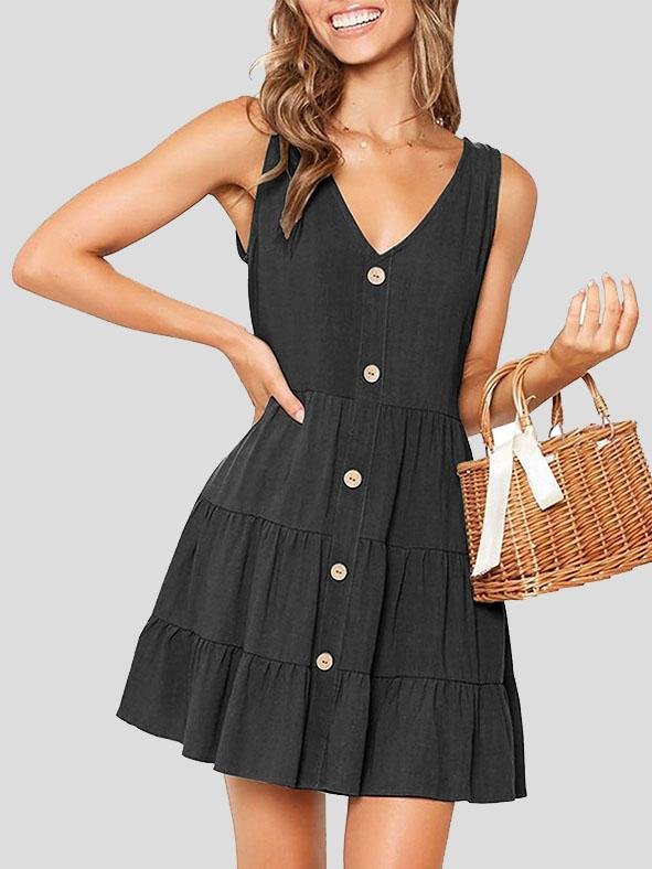 Button Sleeveless V-neck A-line Dress - LuckyFash™