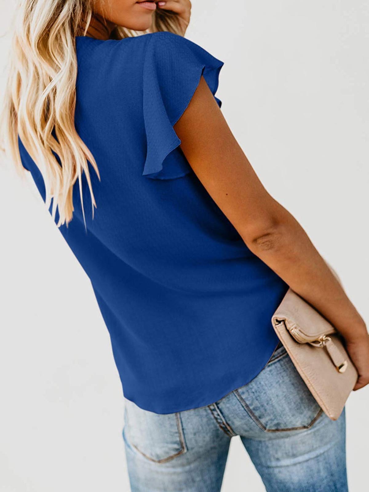 Buttoned V-neck Blouse With Ruffled Sleeves Knotted Chiffon Shirt - LuckyFash™