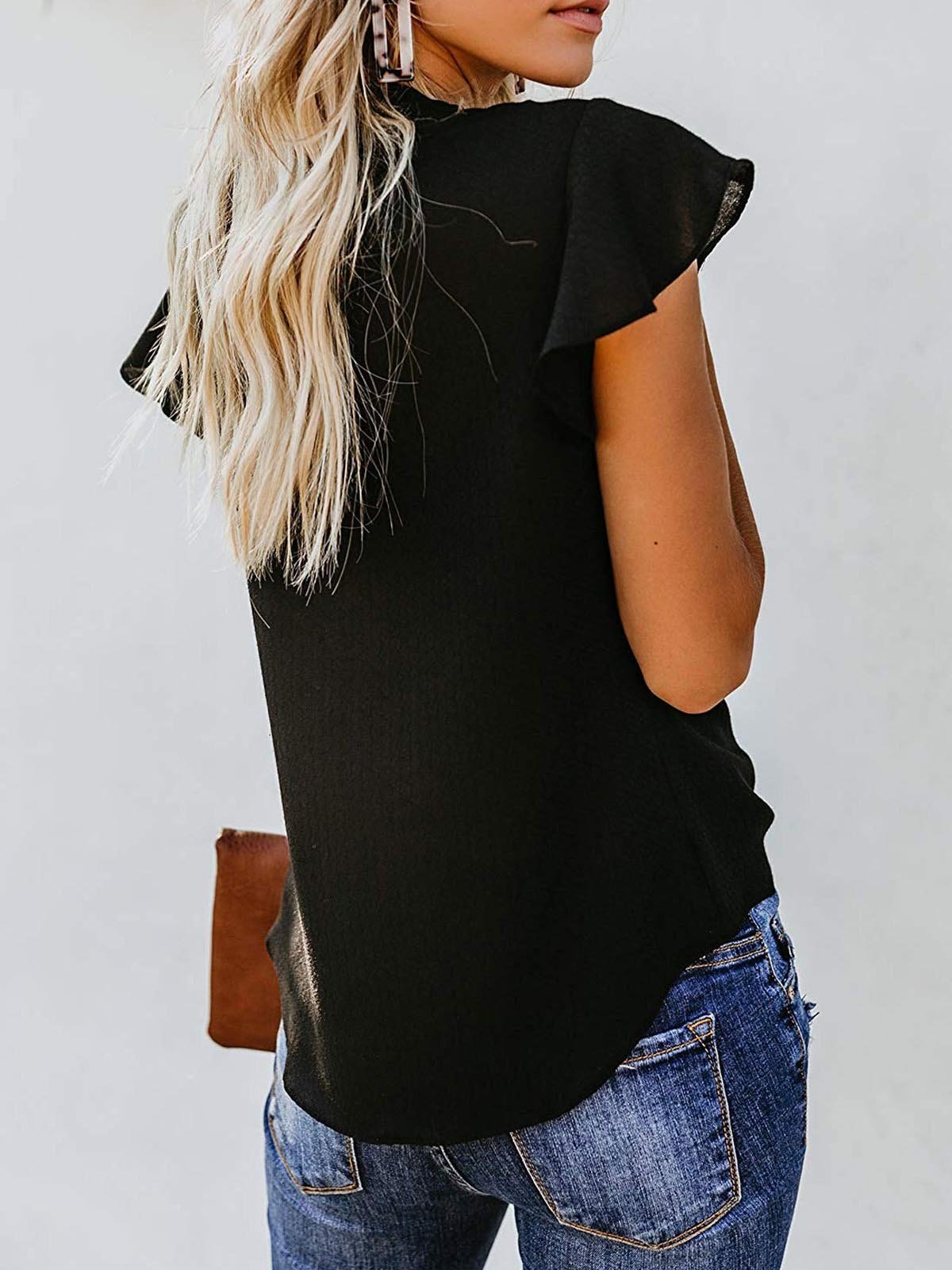 Buttoned V-neck Blouse With Ruffled Sleeves Knotted Chiffon Shirt - LuckyFash™