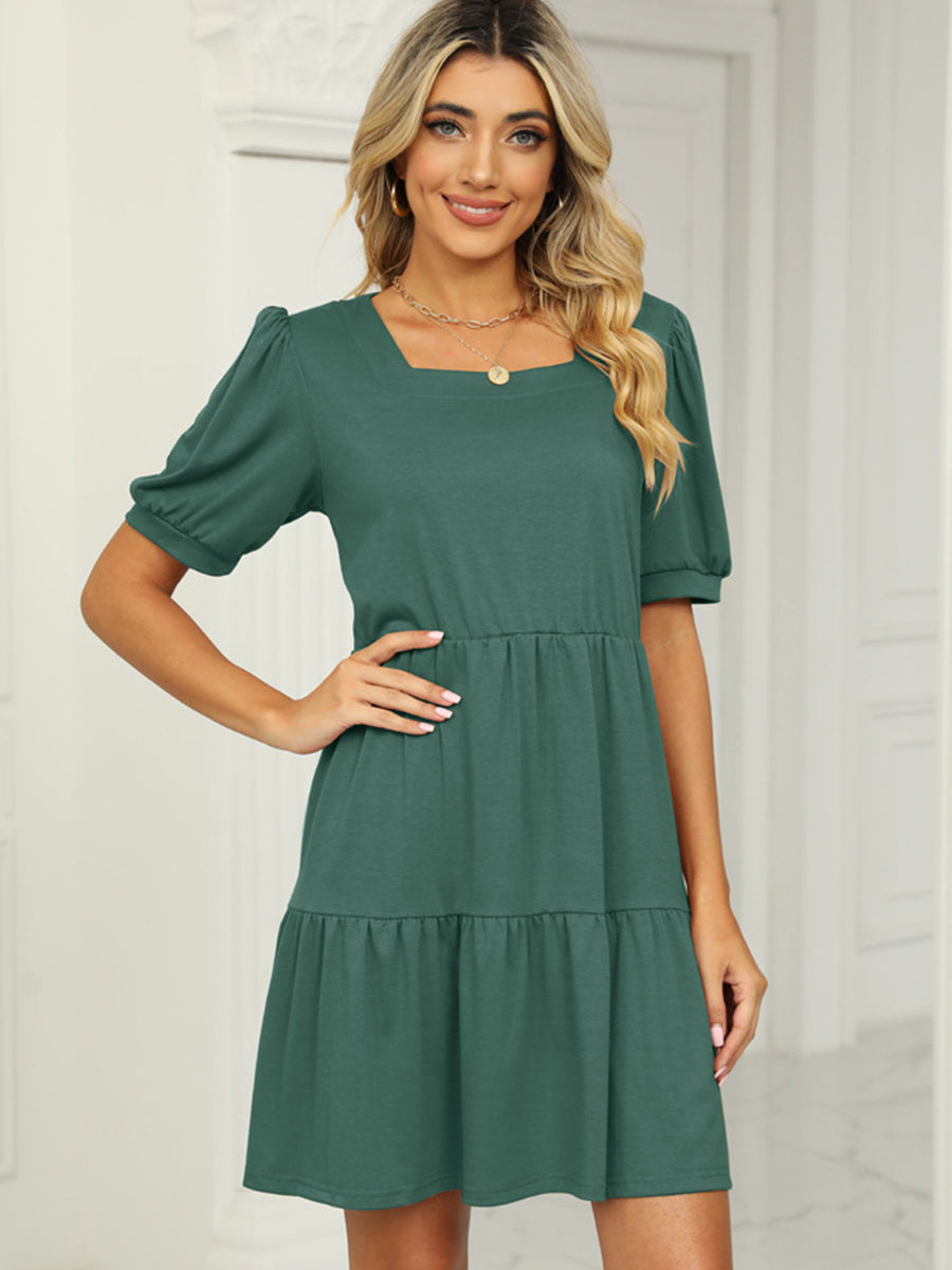 Dresses Solid Color Square Neck Short Sleeve Loose Stitching Mini Dress - LuckyFash™