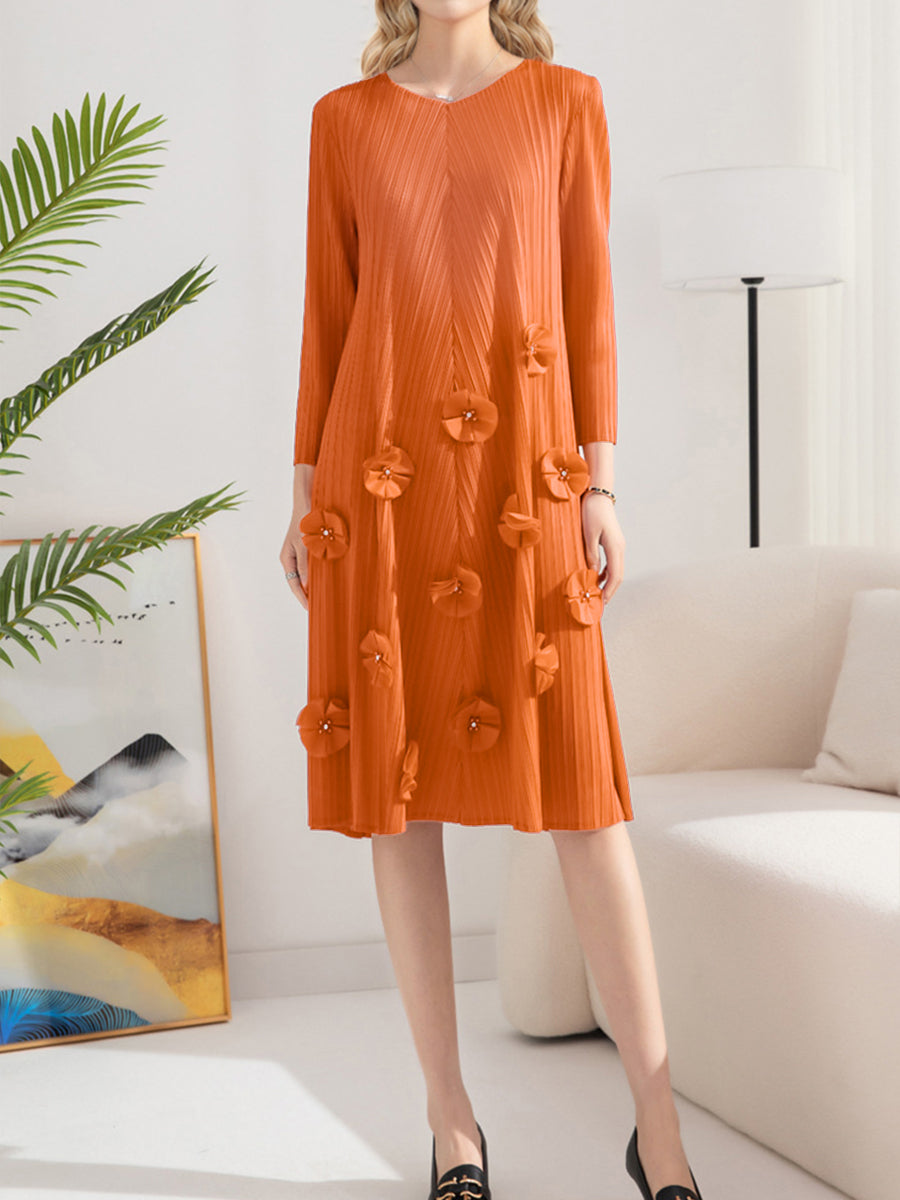 Dresses Pleated Solid Color V-Neck Nail Flower Loose Mid-length Midi Dress - LuckyFash™