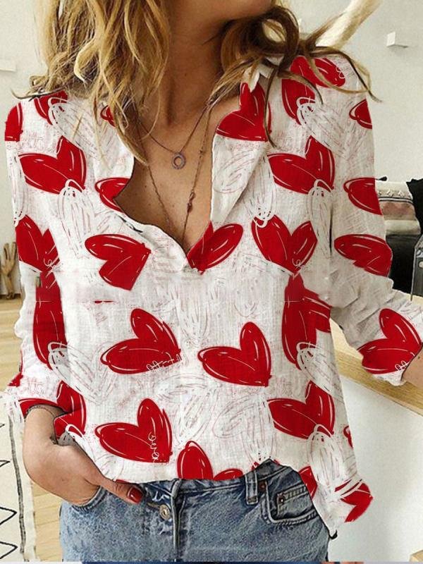 Cardigan Stand Collar Heart Print Blouses - LuckyFash™