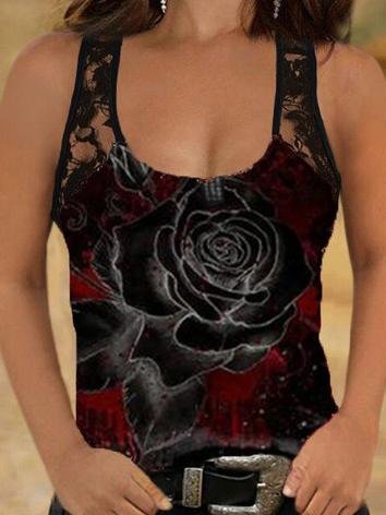 Casual Lace Rose Print Sleeveless Vest - LuckyFash™