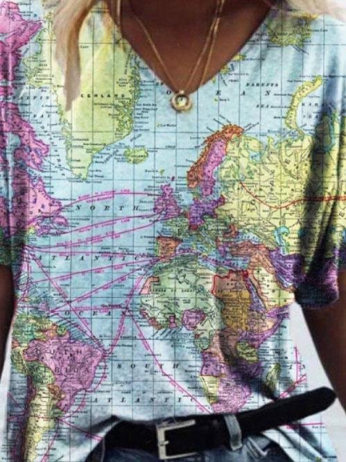 Casual Map Print V-neck Short-sleeved T-shirt - LuckyFash™
