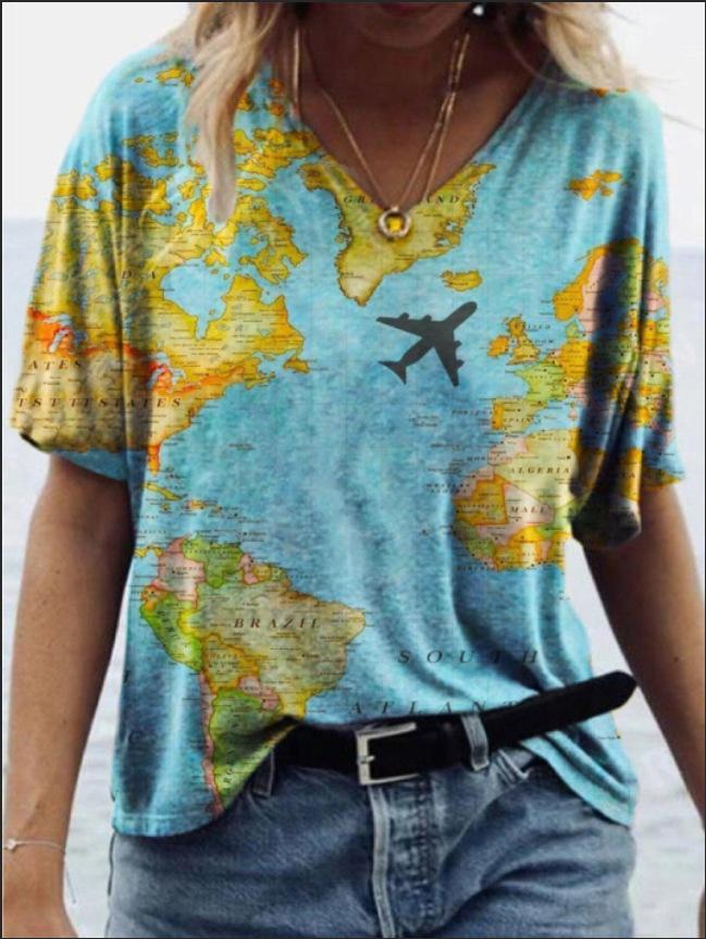 Casual Map Print V-neck Short-sleeved T-shirt - LuckyFash™