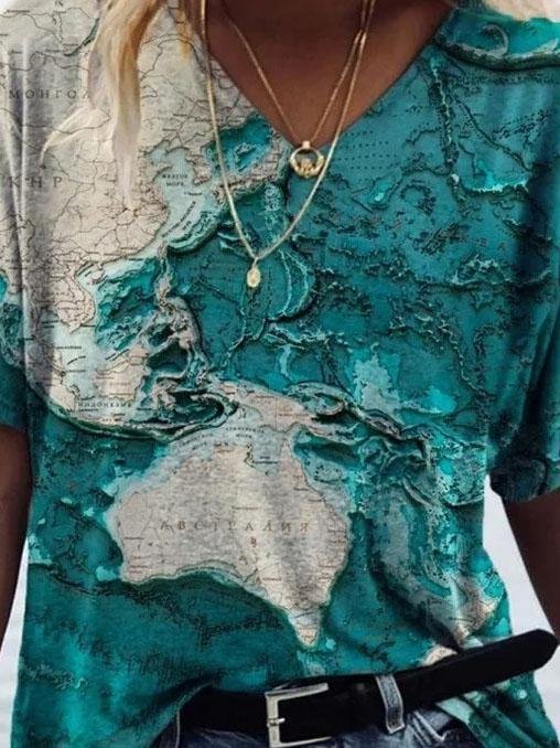 Casual Map Print V-neck Short-sleeved T-shirt - LuckyFash™