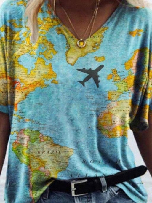 Casual Map Print V-neck Short-sleeved T-shirt - LuckyFash™