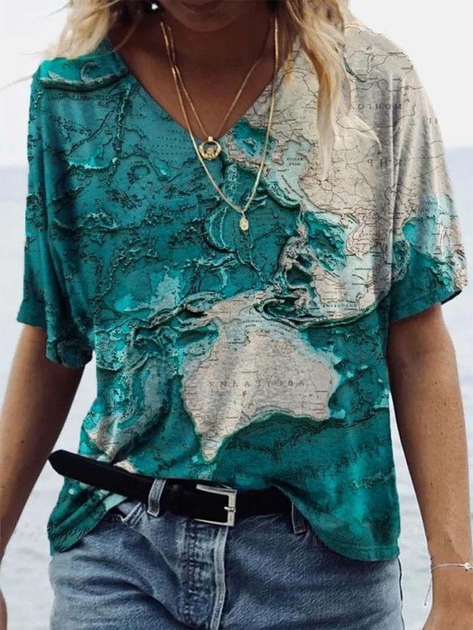 Casual Map Print V-neck Short-sleeved T-shirt - LuckyFash™