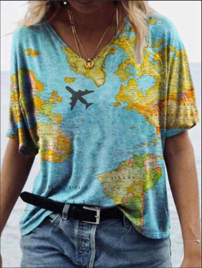 Casual Map Print V-neck Short-sleeved T-shirt - LuckyFash™