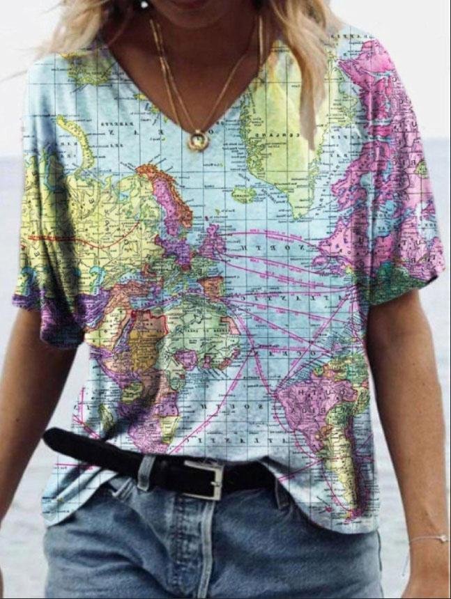 Casual Map Print V-neck Short-sleeved T-shirt - LuckyFash™