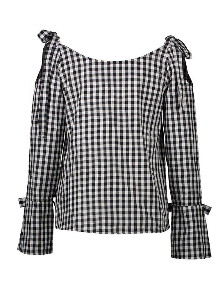 Casual Plaid Cross Tie Strapless Long Sleeve Bow Blouses - LuckyFash™