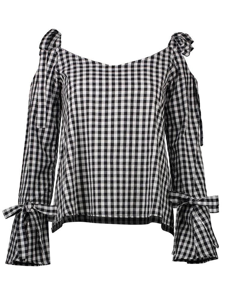 Casual Plaid Cross Tie Strapless Long Sleeve Bow Blouses - LuckyFash™
