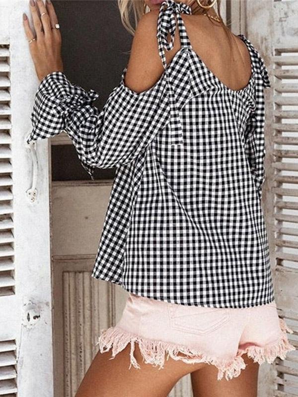 Casual Plaid Cross Tie Strapless Long Sleeve Bow Blouses - LuckyFash™