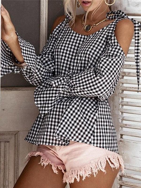 Casual Plaid Cross Tie Strapless Long Sleeve Bow Blouses - LuckyFash™
