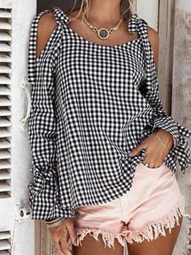Casual Plaid Cross Tie Strapless Long Sleeve Bow Blouses - LuckyFash™