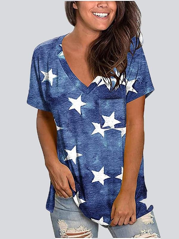 Casual Print V Neck Short Sleeve T-shirt - LuckyFash™