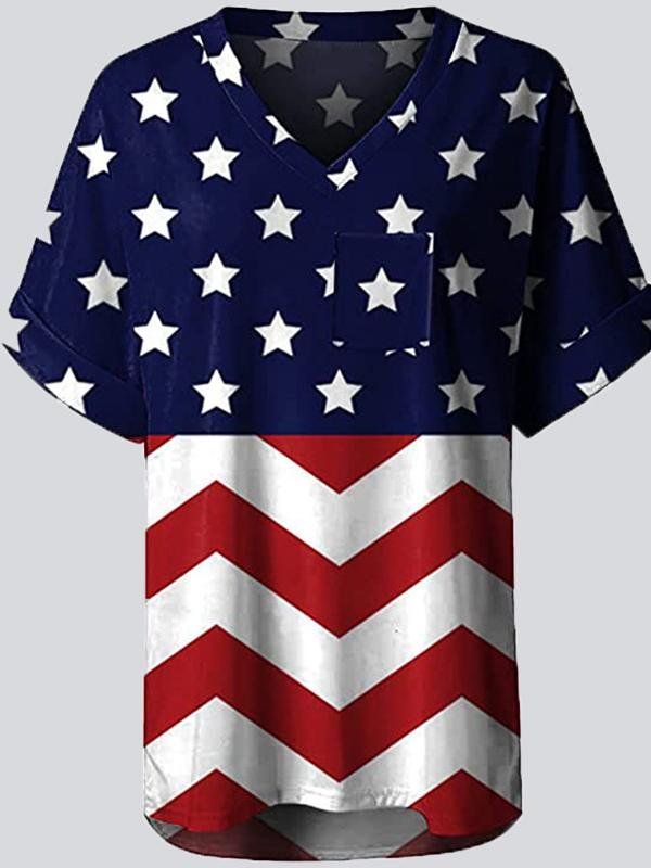 Casual Print V Neck Short Sleeve T-shirt - LuckyFash™