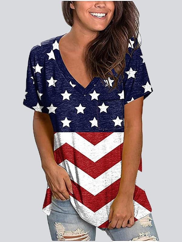 Casual Print V Neck Short Sleeve T-shirt - LuckyFash™