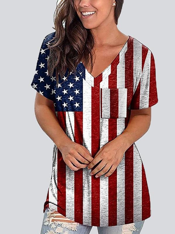 Casual Print V Neck Short Sleeve T-shirt - LuckyFash™