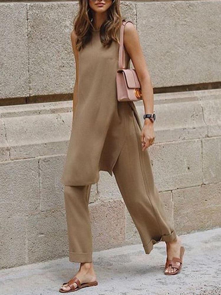 Casual Round Neck Sleeveless Wide-leg Two-piece Suit - LuckyFash™