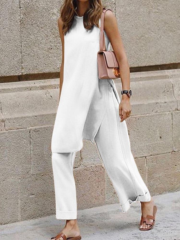Casual Round Neck Sleeveless Wide-leg Two-piece Suit - LuckyFash™