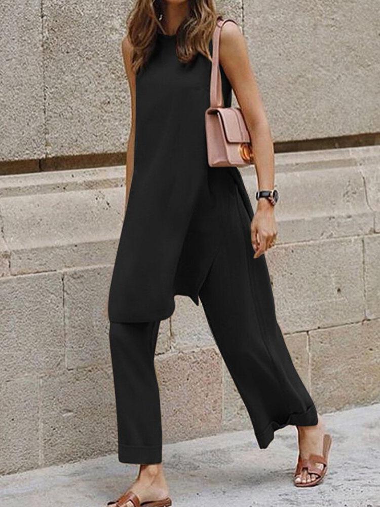 Casual Round Neck Sleeveless Wide-leg Two-piece Suit - LuckyFash™