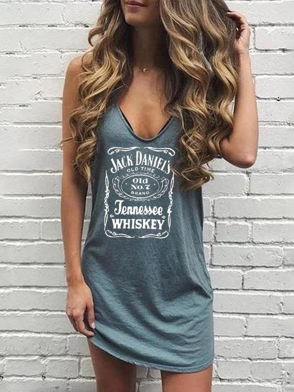 Casual Sleeveless V-neck Letter Print T-shirt Mini Dresses - LuckyFash™