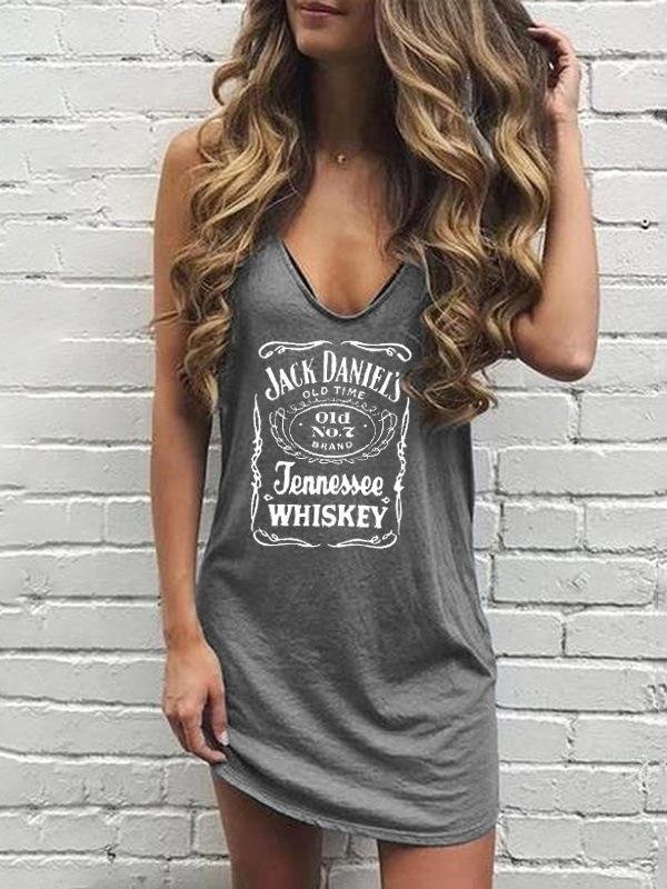 Casual Sleeveless V-neck Letter Print T-shirt Mini Dresses - LuckyFash™