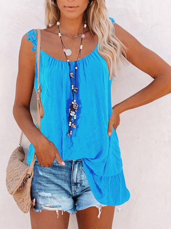 Casual Solid Lace Round Neck Sleeveless Vest - LuckyFash™