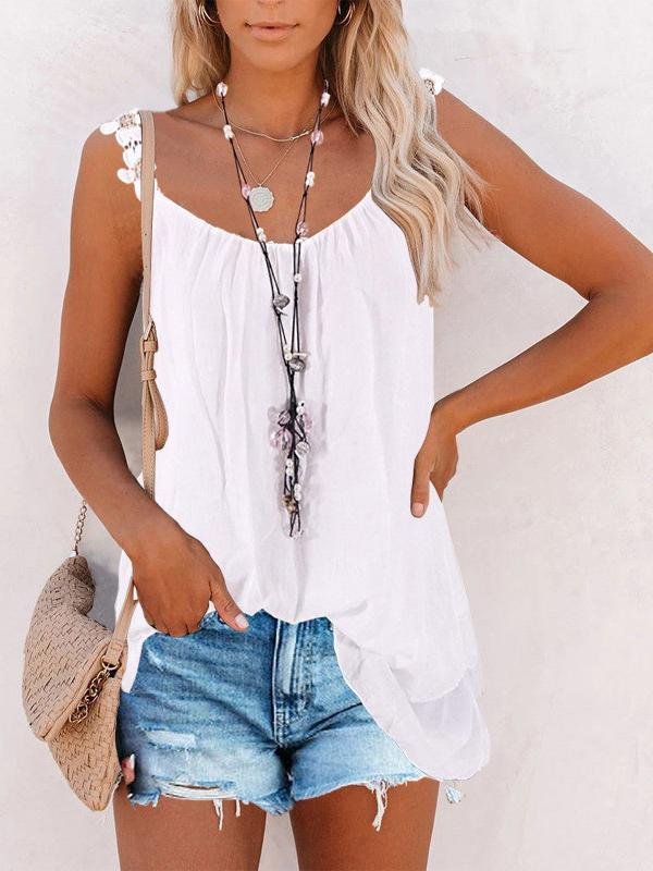 Casual Solid Lace Round Neck Sleeveless Vest - LuckyFash™