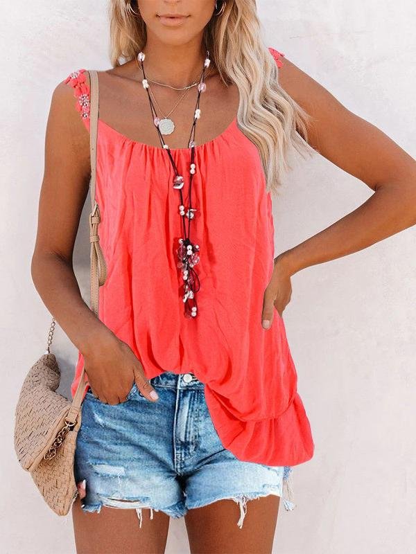 Casual Solid Lace Round Neck Sleeveless Vest - LuckyFash™