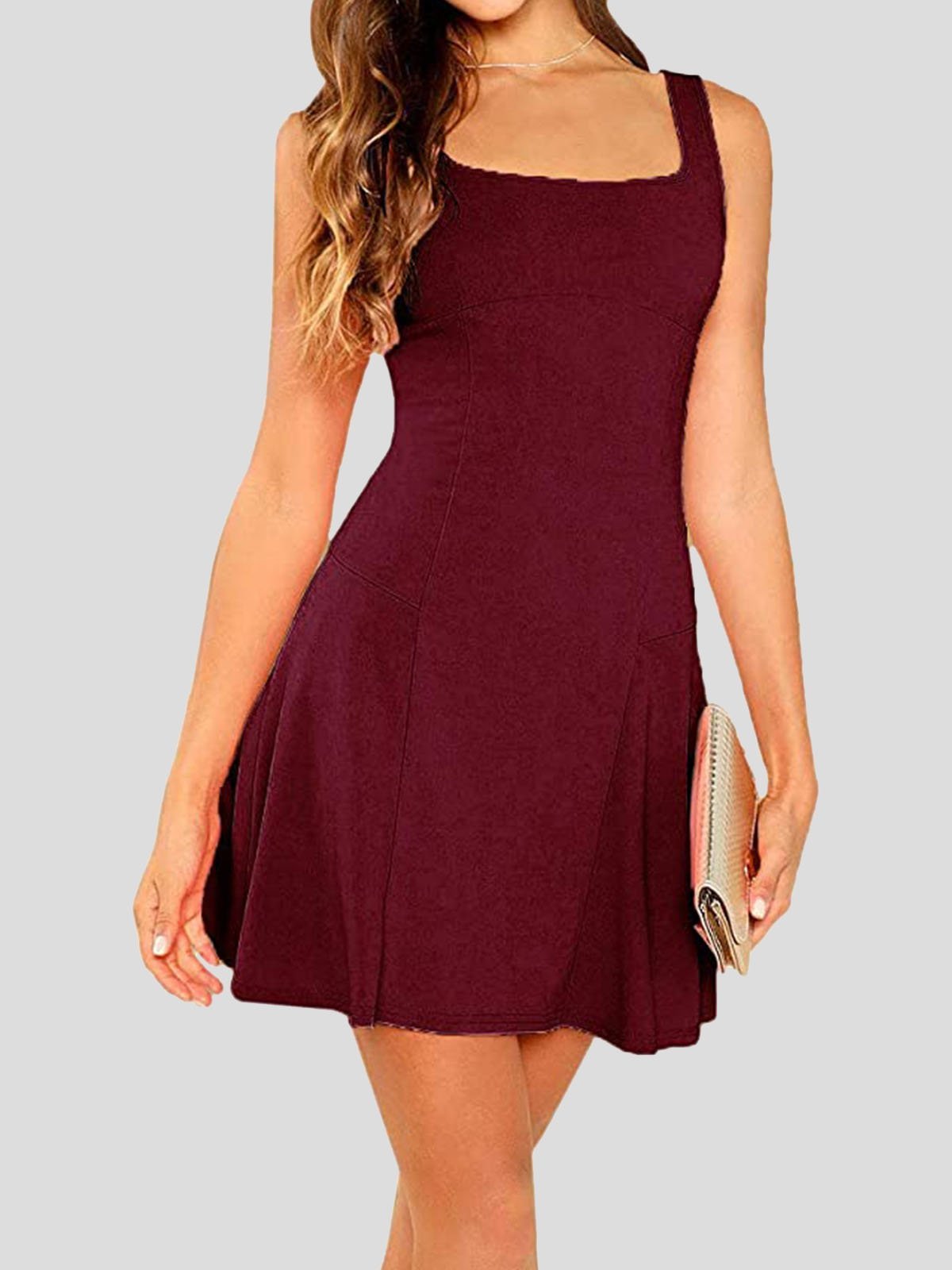 Casual Solid Square Neck Suspender Dress - LuckyFash™