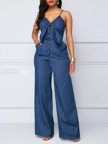 Casual V-neck Knotted Wide-leg Denim Jumpsuit - LuckyFash™
