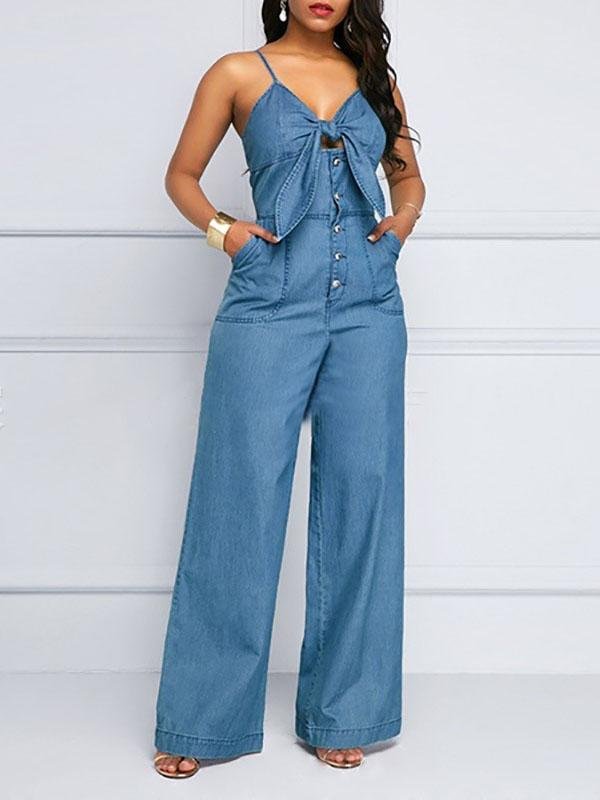 Casual V-neck Knotted Wide-leg Denim Jumpsuit - LuckyFash™