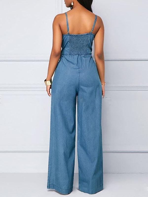 Casual V-neck Knotted Wide-leg Denim Jumpsuit - LuckyFash™