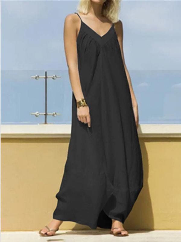 Casual V-neck Strap Solid A-line Big Swing Dress - LuckyFash™