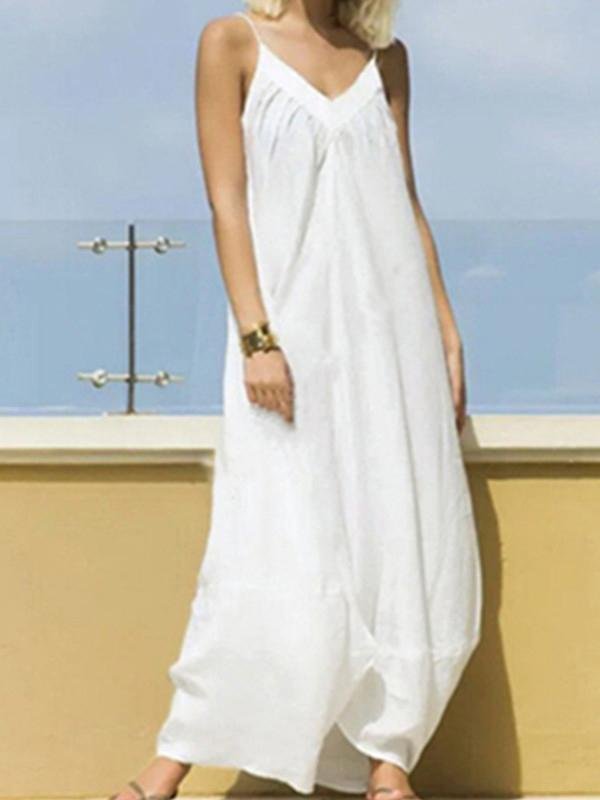 Casual V-neck Strap Solid A-line Big Swing Dress - LuckyFash™