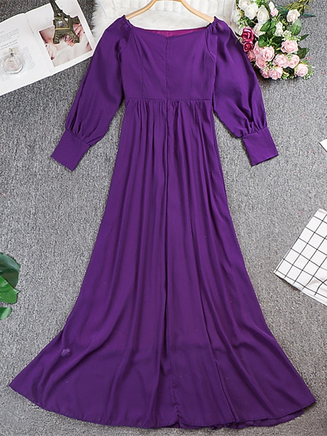Women‘s Prom Party Dress Swing Dress Long Dress Maxi Dress Green Black Purple Long Sleeve Pure Color Cold Shoulder Fall Autumn Off Shoulder Winter Dress Evening Party Loose Fit 2023 S M L XL - LuckyFash™