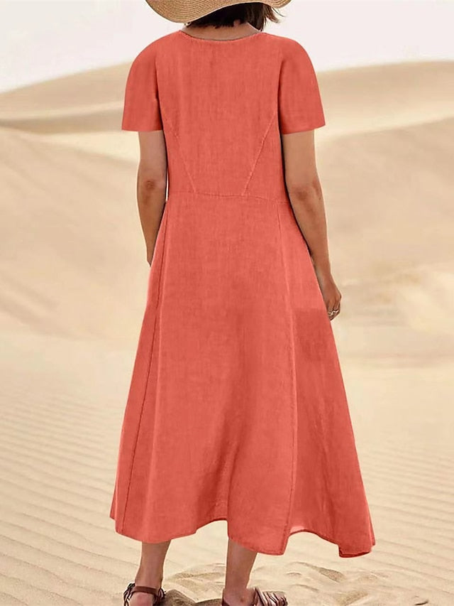 Cotton Linen Dress Casual Dress Swing Dress Maxi long Dress Linen Cotton Blend Fashion Classic Outdoor Daily Vacation Crew Neck Pocket Short Sleeve Summer Spring Loose Fit Black Pink Sky for Women - LuckyFash™