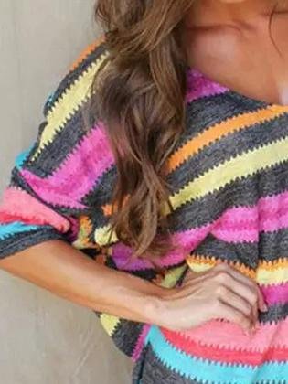 Color Contrast V-neck Short-sleeve Mini Dress - LuckyFash™
